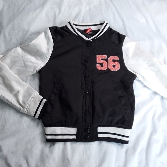 H&M Satin Bomber Varsity Jacket Black and White "56" Size 4 - Picture 2 of 14